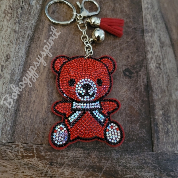 Bling Teddy Bear Crystal Rhinestone Keychain Bag Charm With Red Tassel - Picture 12 of 15